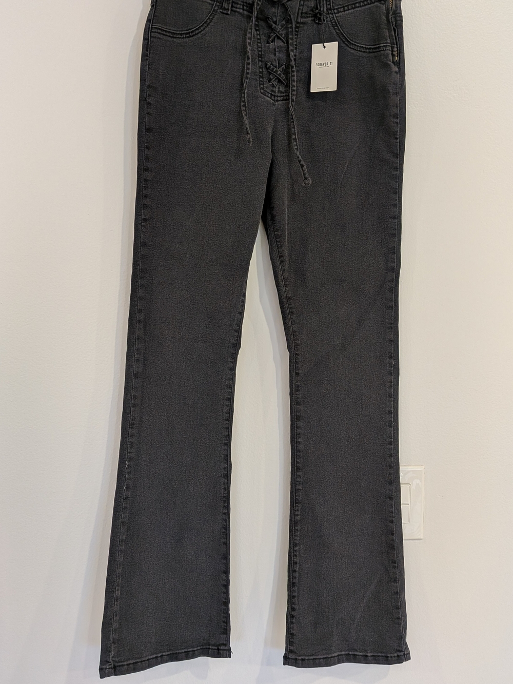 Bootcut Washed Black Lace Up Denim Jeans Women Solid Zip Drawstring NWT - Picture 7 of 10